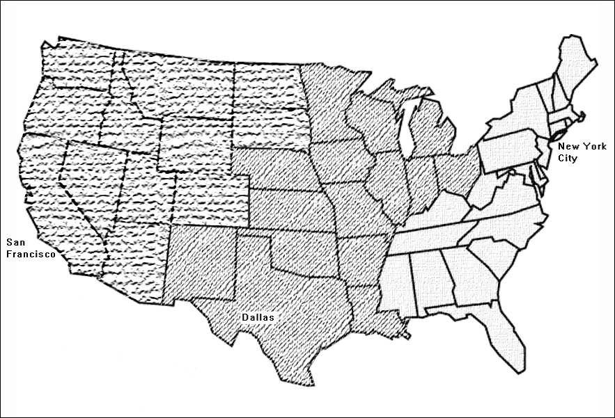 this pictures shows a map of the continental United States with three shaded areas: the first is the area covered by the San Francisco office, the second contains the area covered by the Dallas office and the third contains the area covered by the New York City office